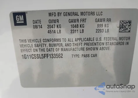 2015 Chevrolet Malibu 1Lt from USA, damaged, VIN 1G11C5SL5FF133562